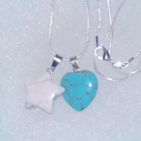 Hand Crafted Jewelry - Boho Turquoise Heart ❤️ and Howlite Crystal Star ⭐️ Sterling Silver 30” N…